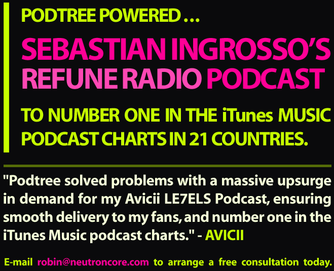 podtree powered Sebastian Ingrosso's REFUNE RADIO PODCAST the iTunes Music Podcast Charts in 21 countries, and Avicii's LEVELS PODCAST to number one in the iTunes Music Podcast Charts in the UK and US.